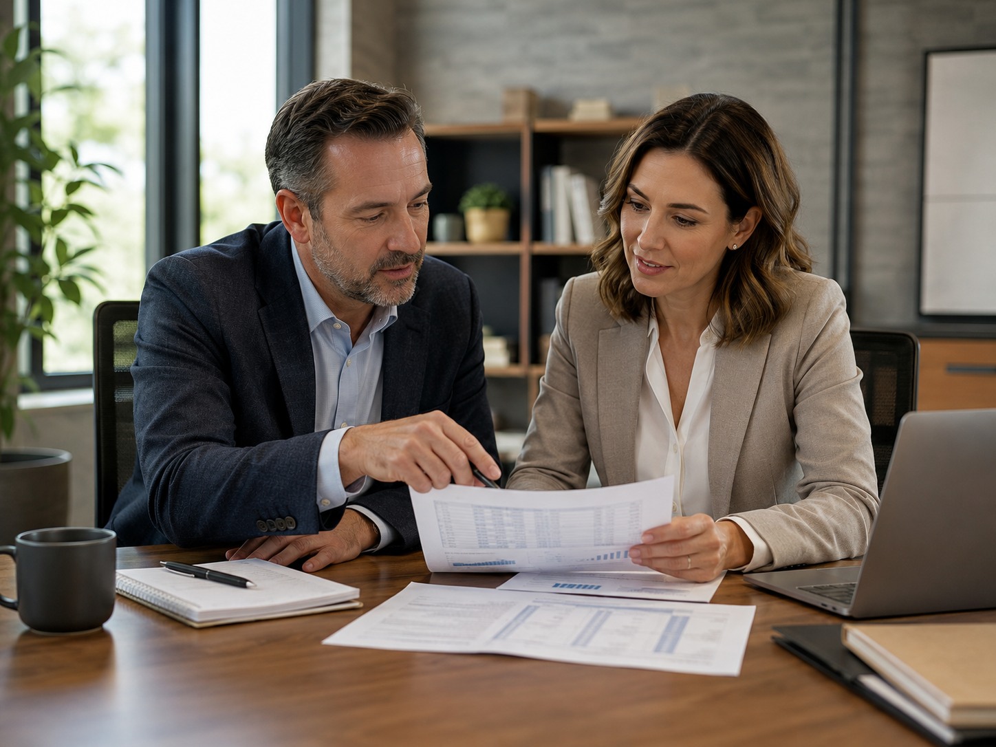 Payroll professionals reviewing business documents together